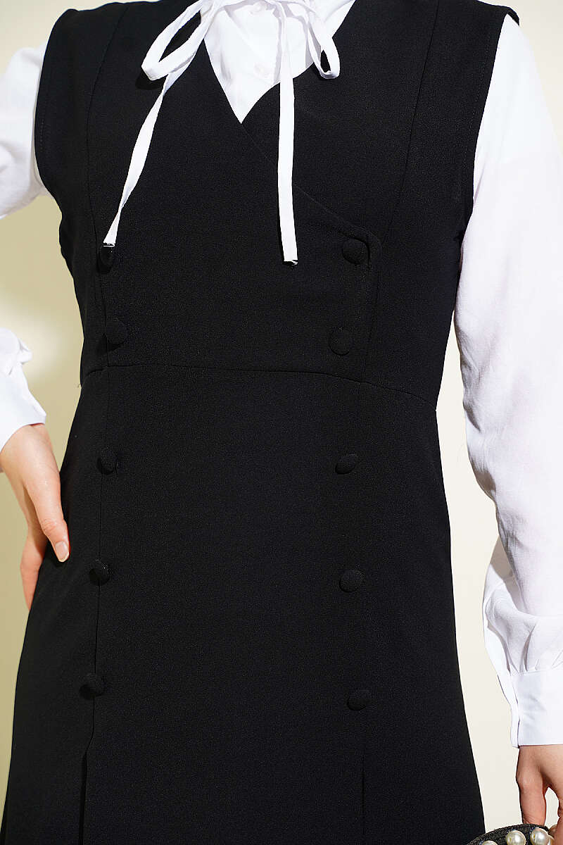 Pinafore Set with Shirt and Button Detail - Black
