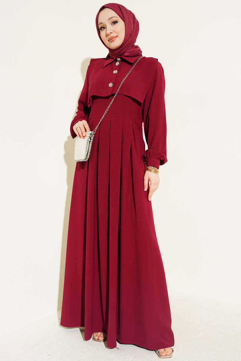 Pinafore Dress with Button Detail - Burgundy