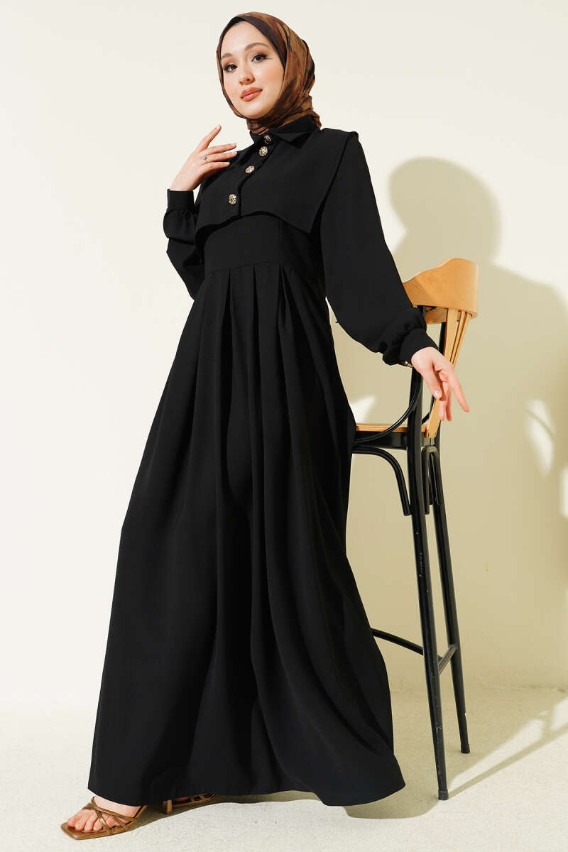 Pinafore Dress with Button Detail - Black