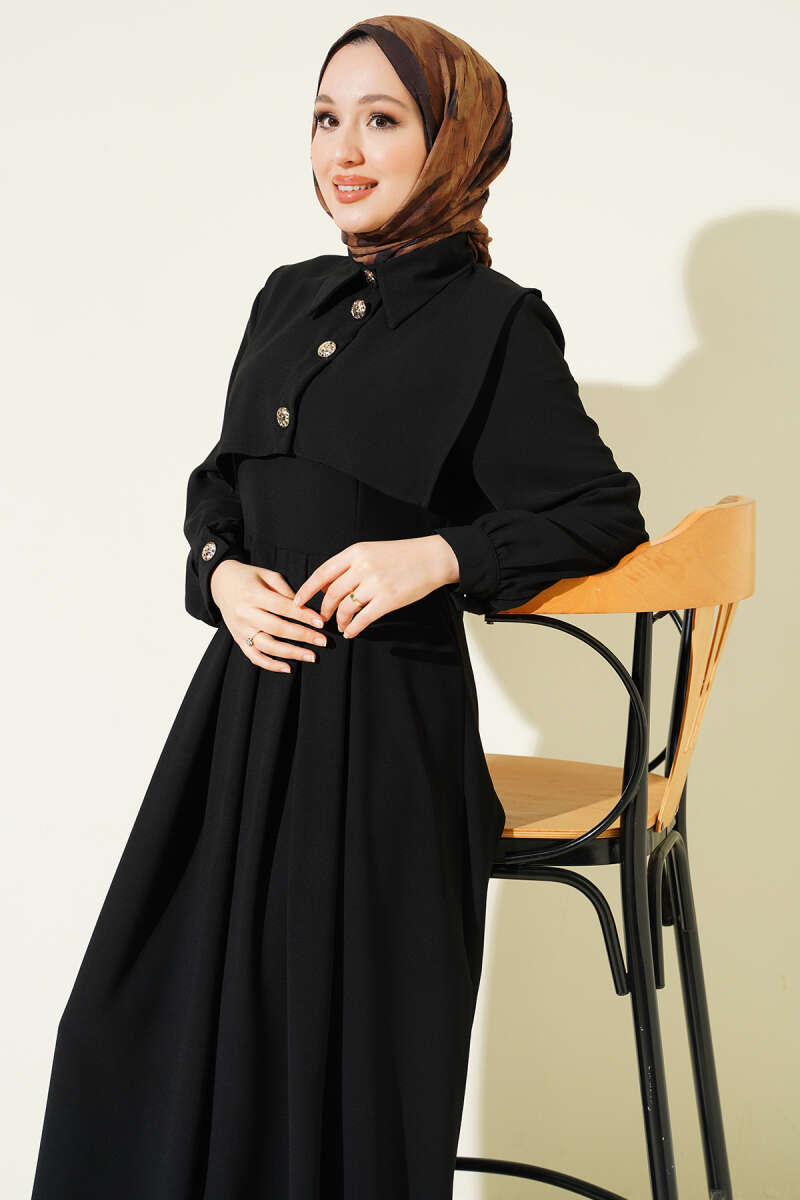 Pinafore Dress with Button Detail - Black