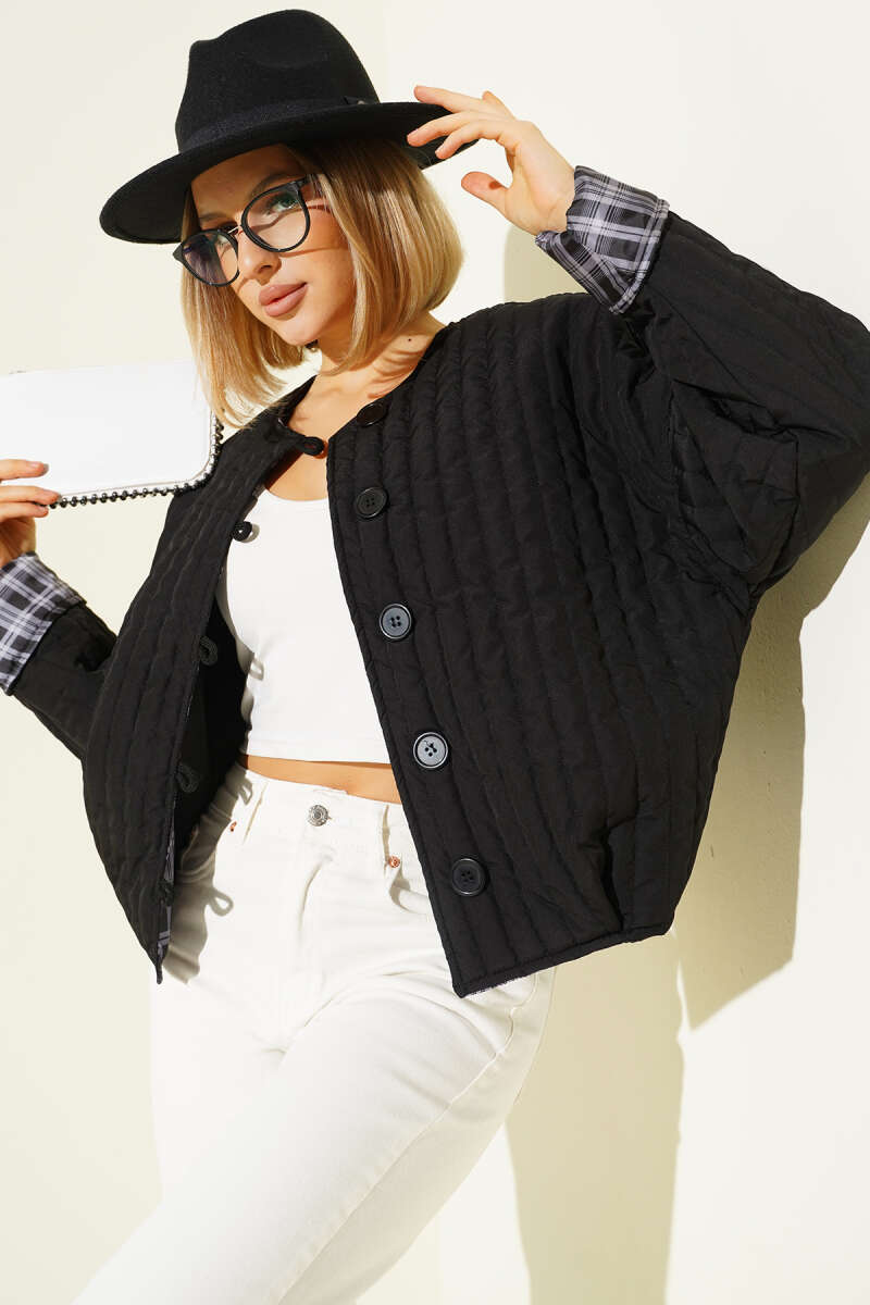 Quilted Jacket with Button Detail - Black