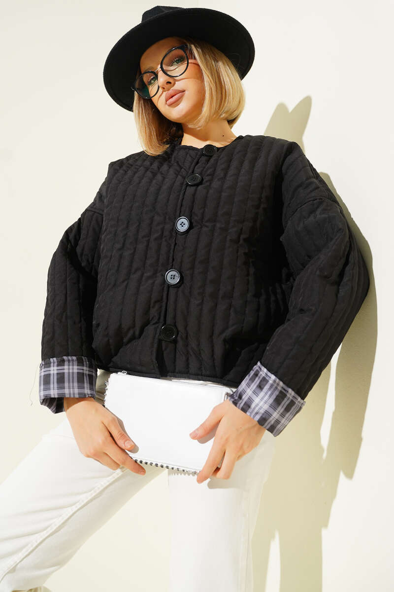 Quilted Jacket with Button Detail - Black