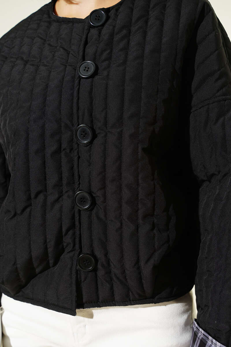 Quilted Jacket with Button Detail - Black