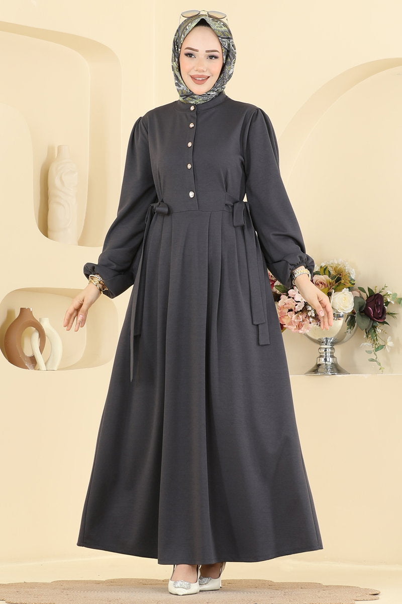 Belted Crepe Knit Button Dress - Charcoal