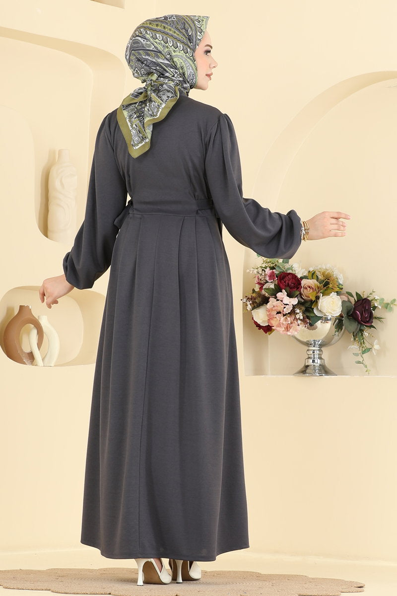 Belted Crepe Knit Button Dress - Charcoal