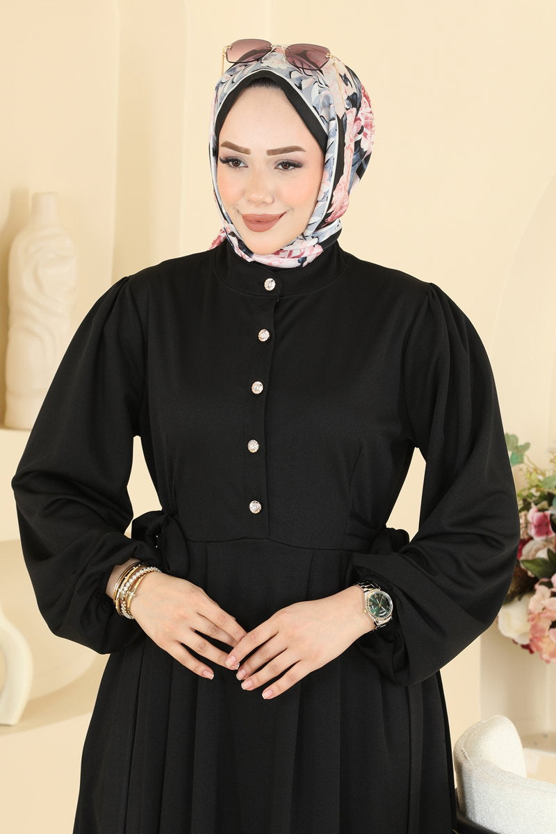 Belted Crepe Knit Button Dress - Black