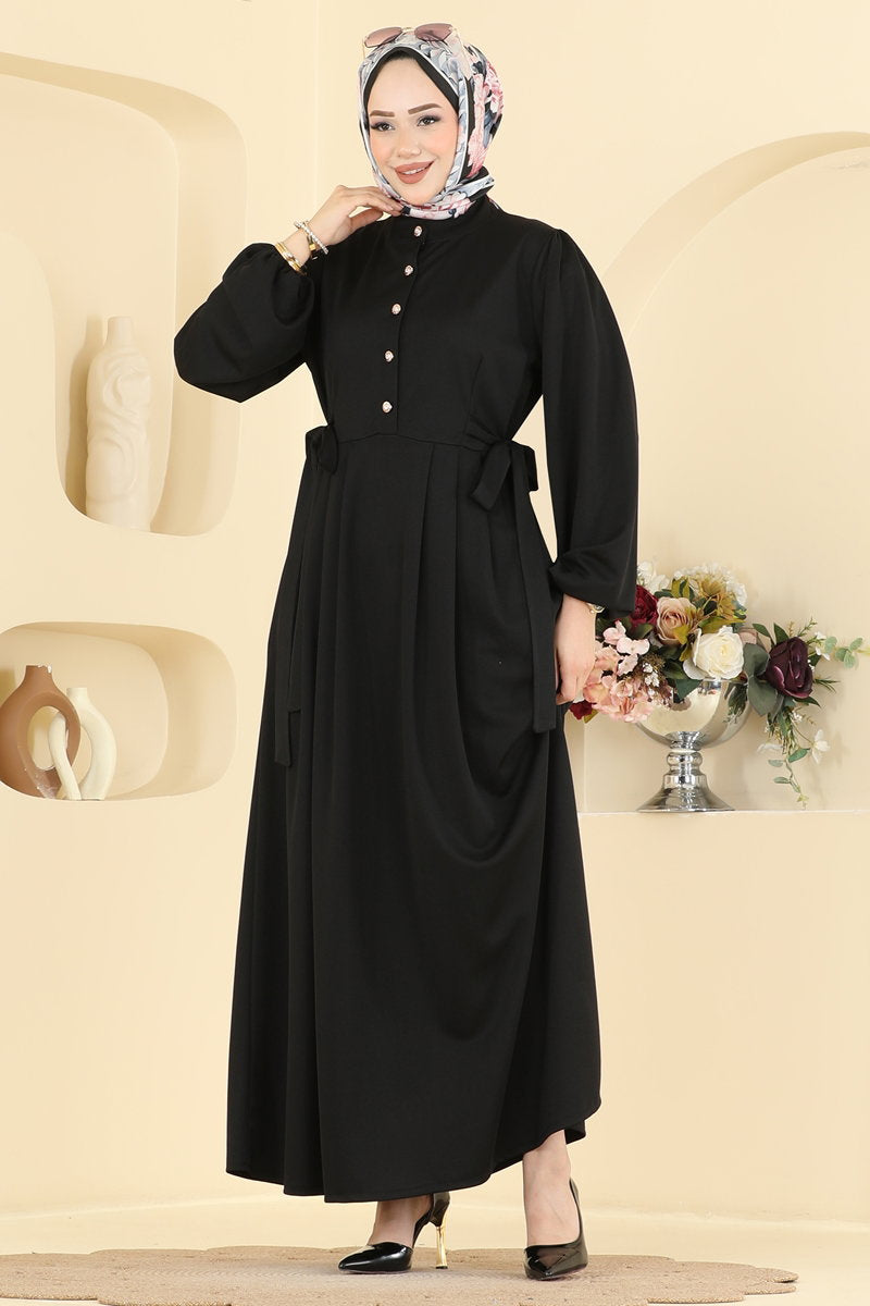 Belted Crepe Knit Button Dress - Black