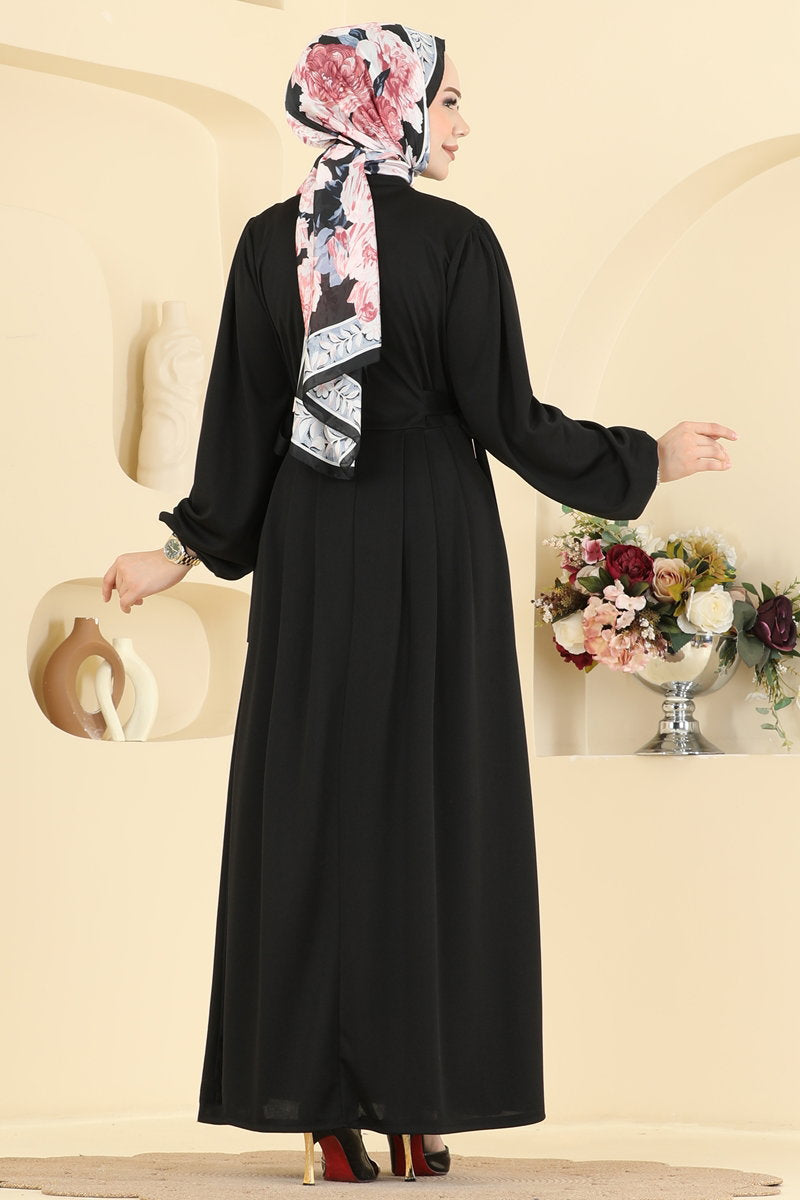 Belted Crepe Knit Button Dress - Black