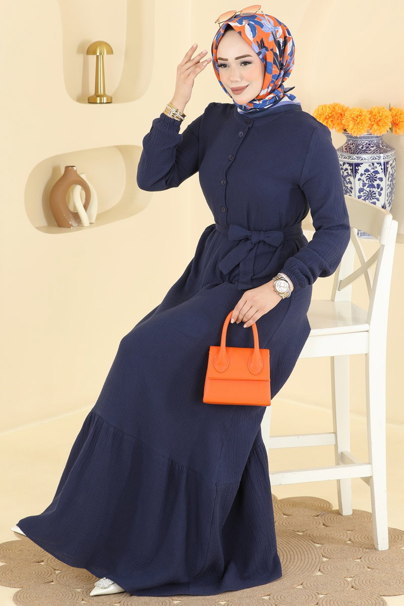 Belted Muslin Button Dress - Navy