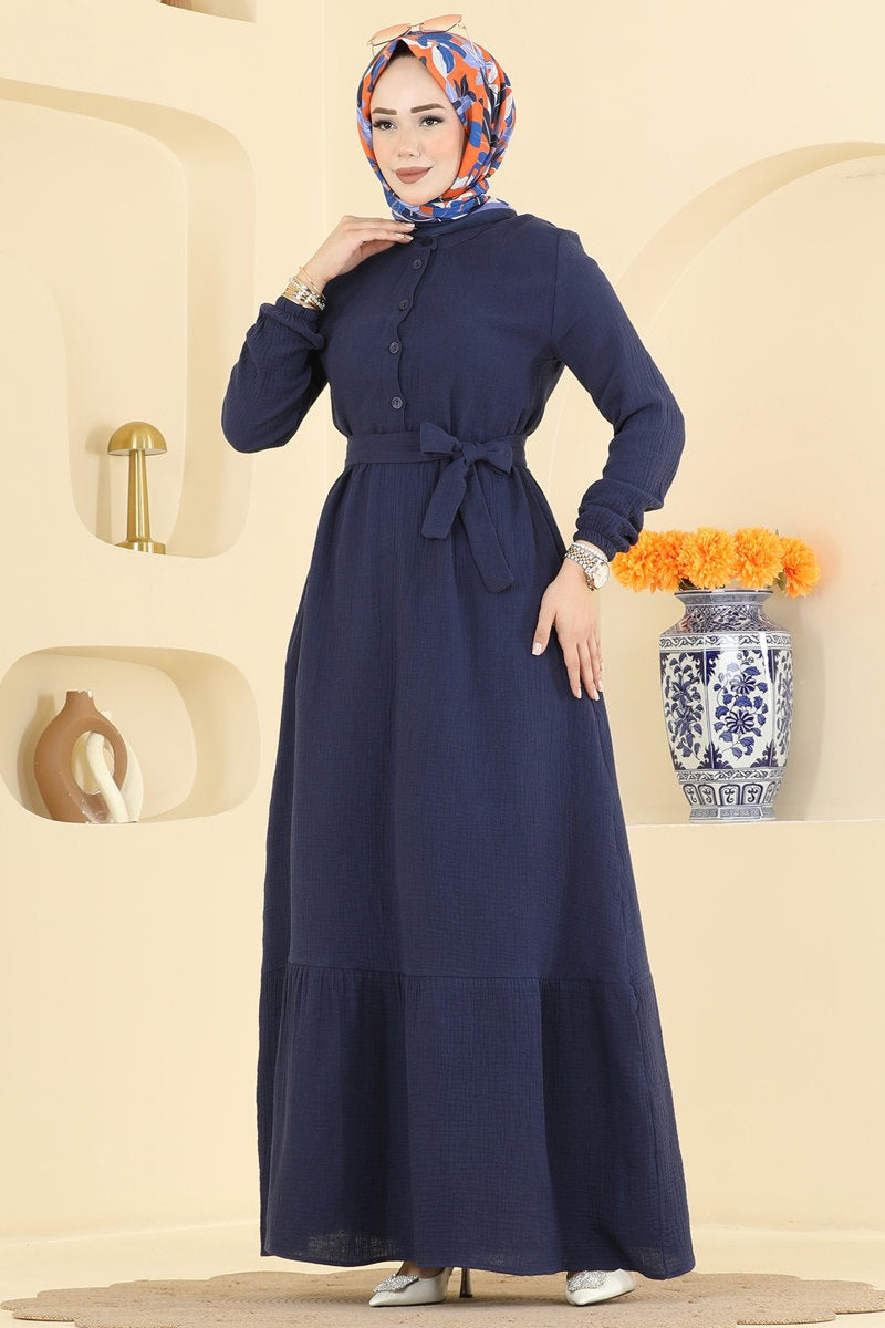 Belted Muslin Button Dress - Navy