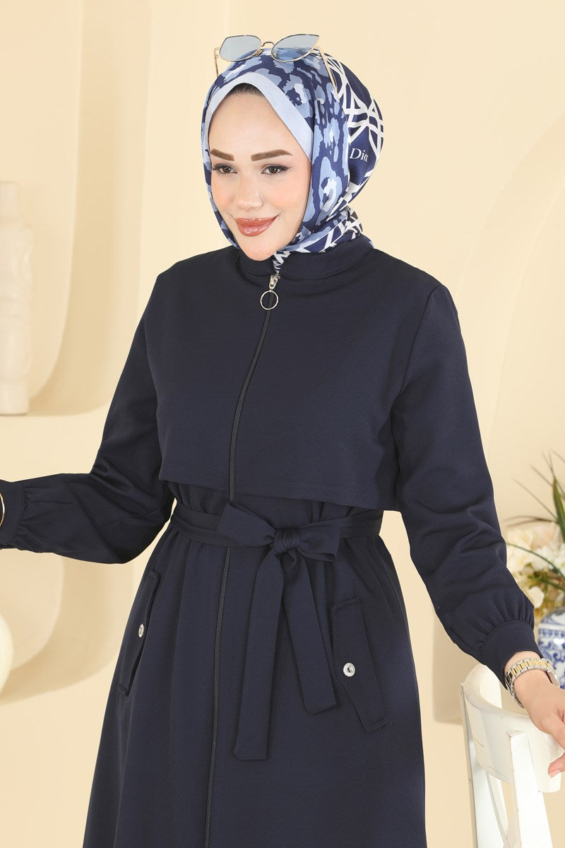 Belted Double Knit Abaya Coat with Buttons - Navy