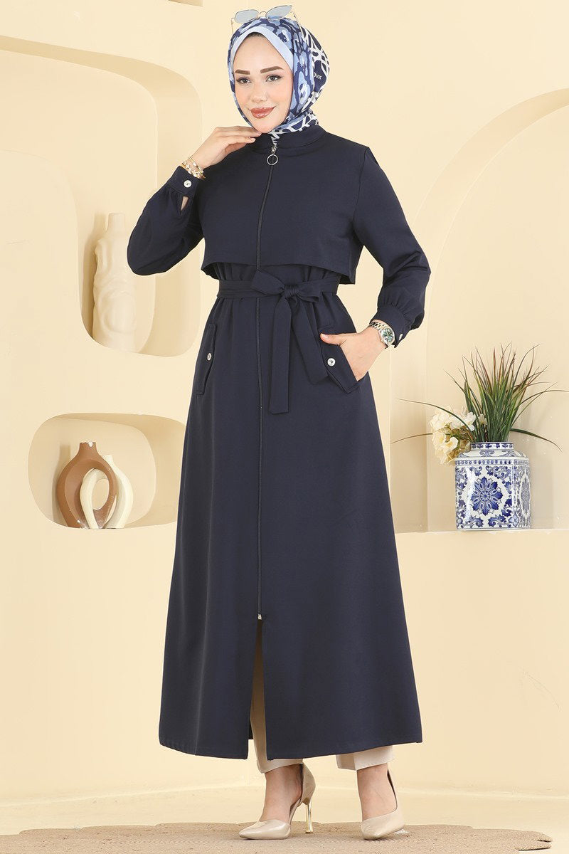 Belted Double Knit Abaya Coat with Buttons - Navy