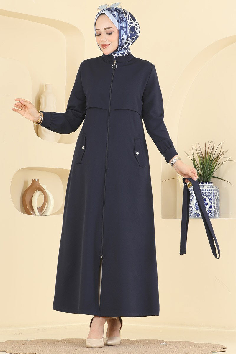 Belted Double Knit Abaya Coat with Buttons - Navy