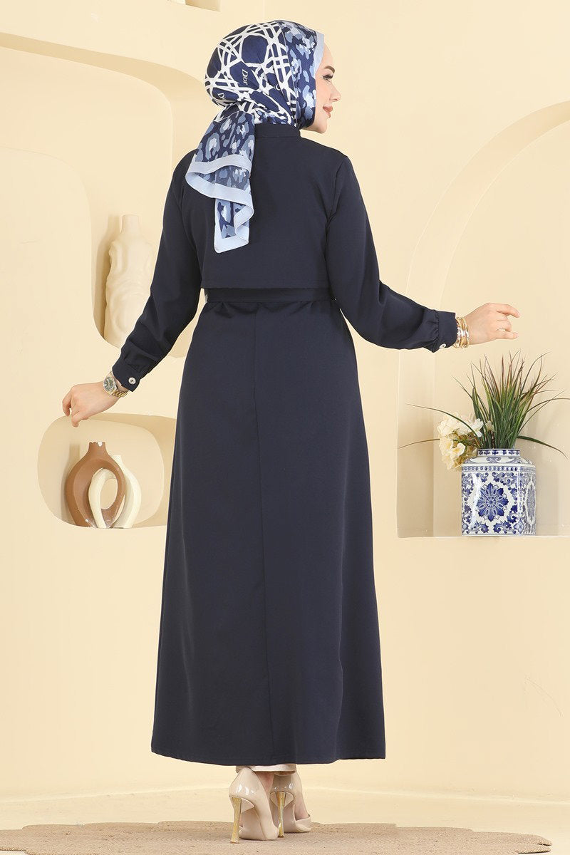 Belted Double Knit Abaya Coat with Buttons - Navy