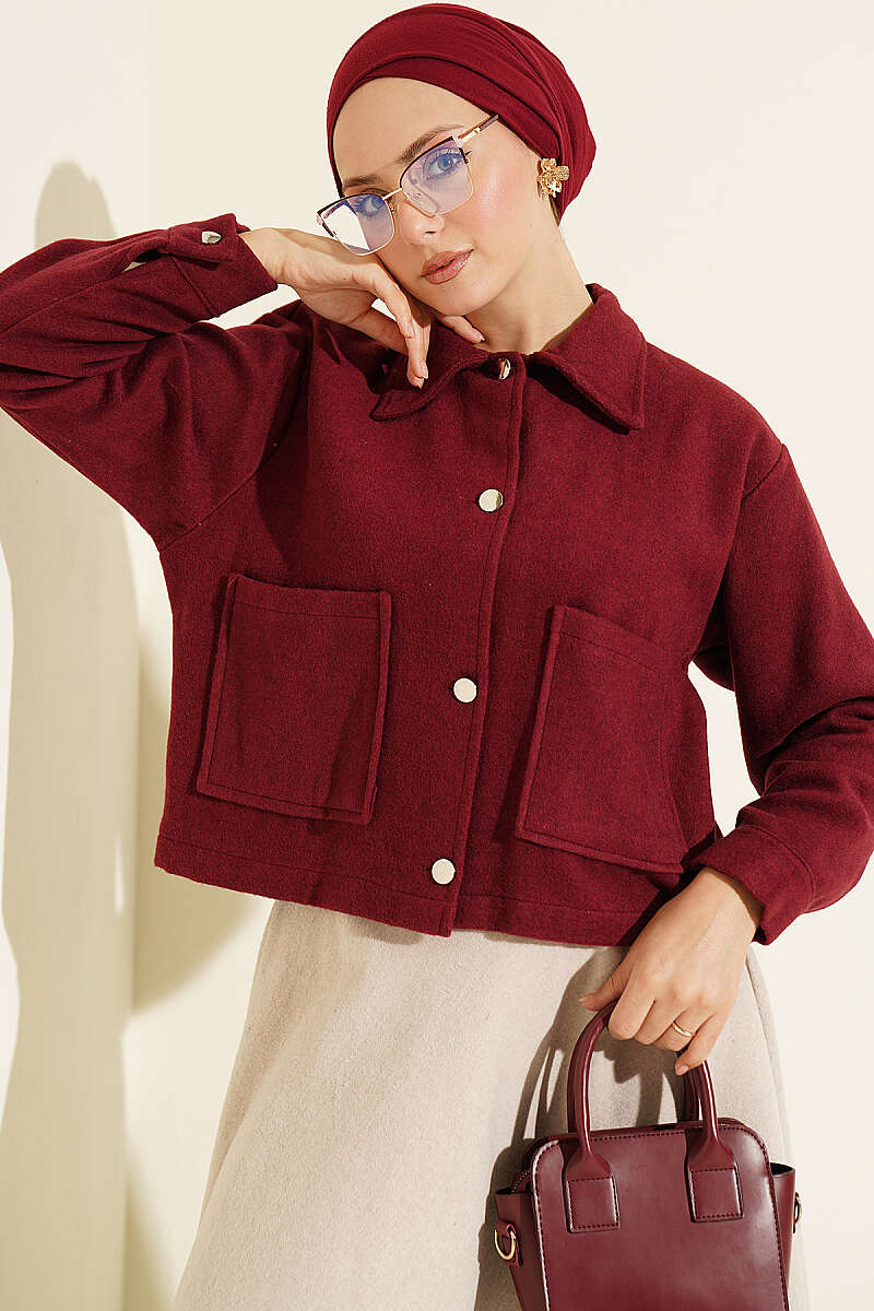Short Felt Jacket with Button Detail - Burgundy