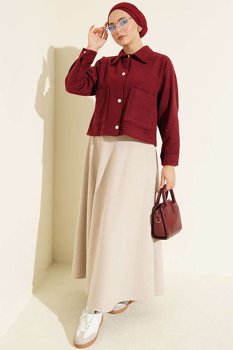 Short Felt Jacket with Button Detail - Burgundy