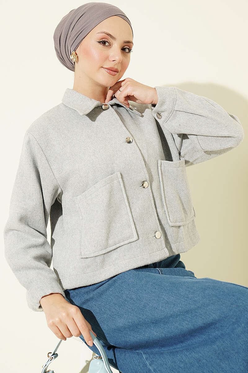 Short Felt Jacket with Button Detail - Grey