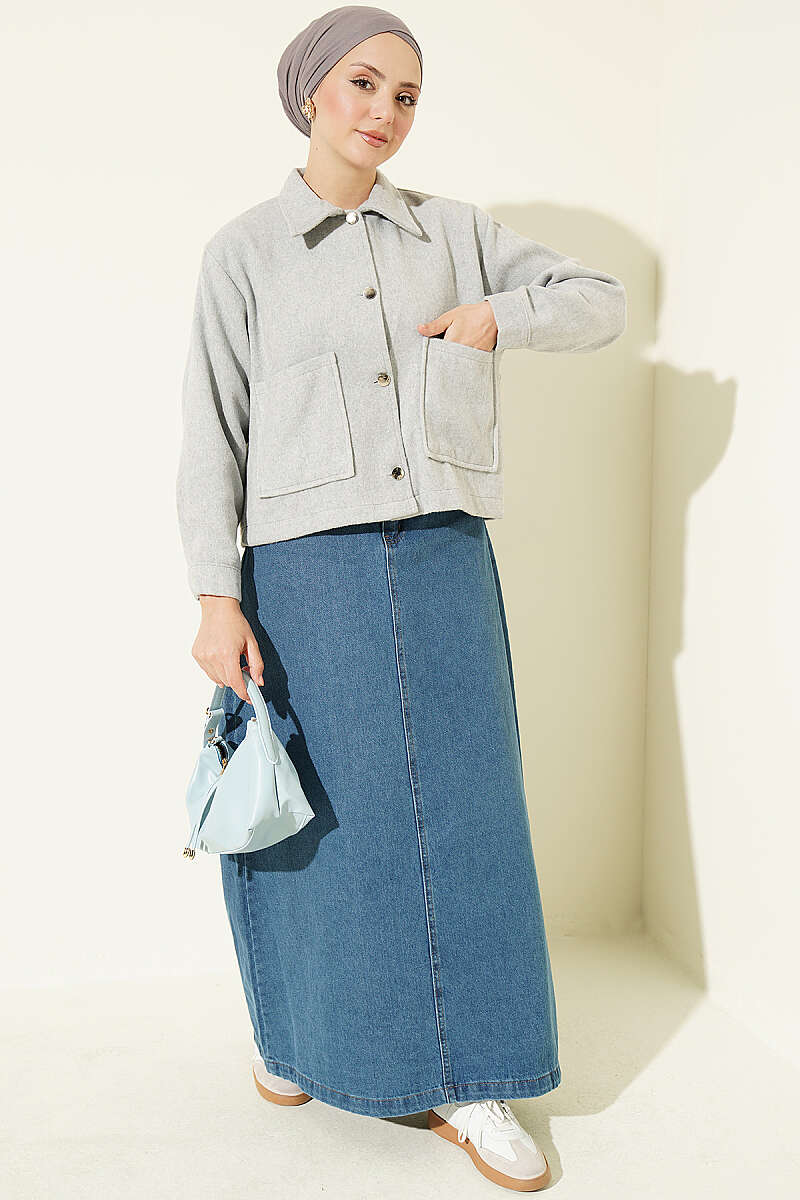 Short Felt Jacket with Button Detail - Grey
