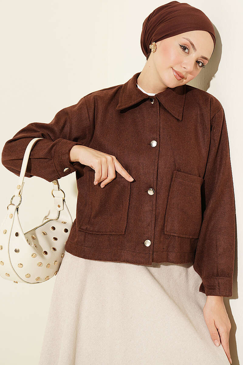 Short Felt Jacket with Button Detail - Brown