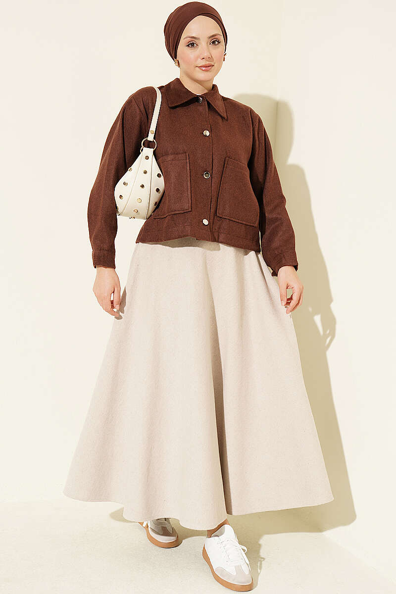 Short Felt Jacket with Button Detail - Brown