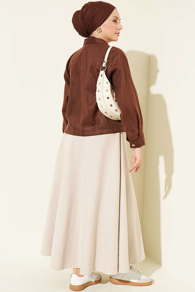Short Felt Jacket with Button Detail - Brown
