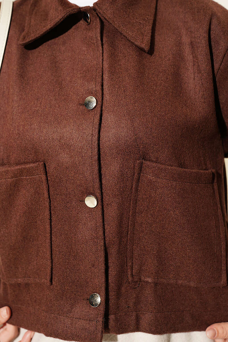 Short Felt Jacket with Button Detail - Brown