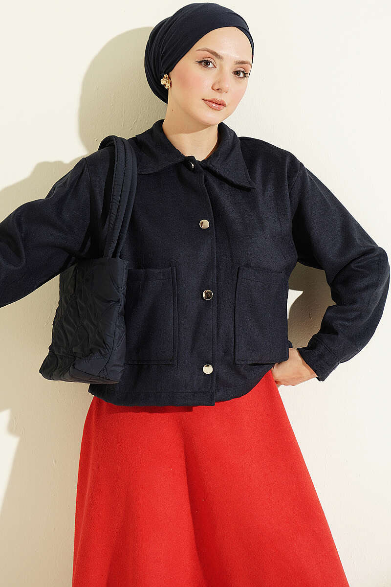Short Felt Jacket with Button Detail - Navy