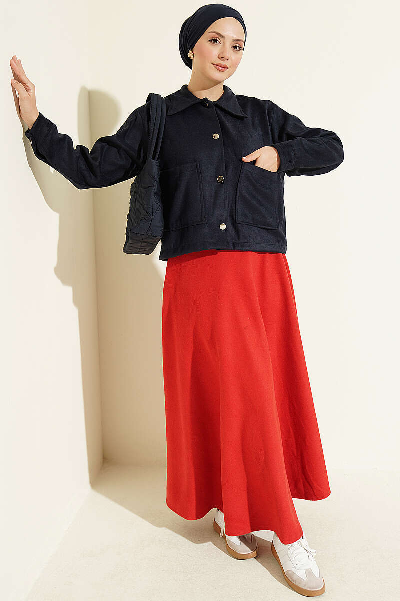 Short Felt Jacket with Button Detail - Navy