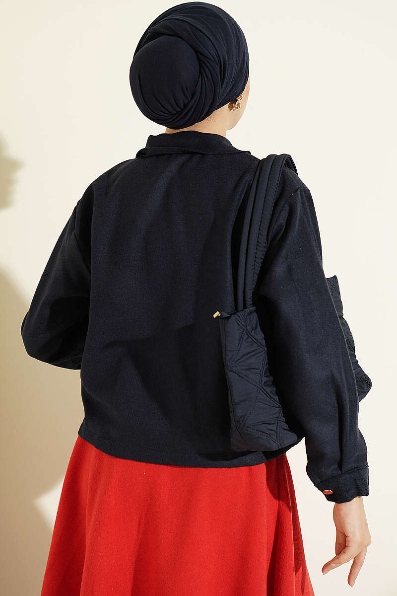 Short Felt Jacket with Button Detail - Navy