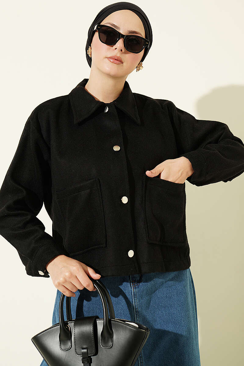 Short Felt Jacket with Button Detail - Black