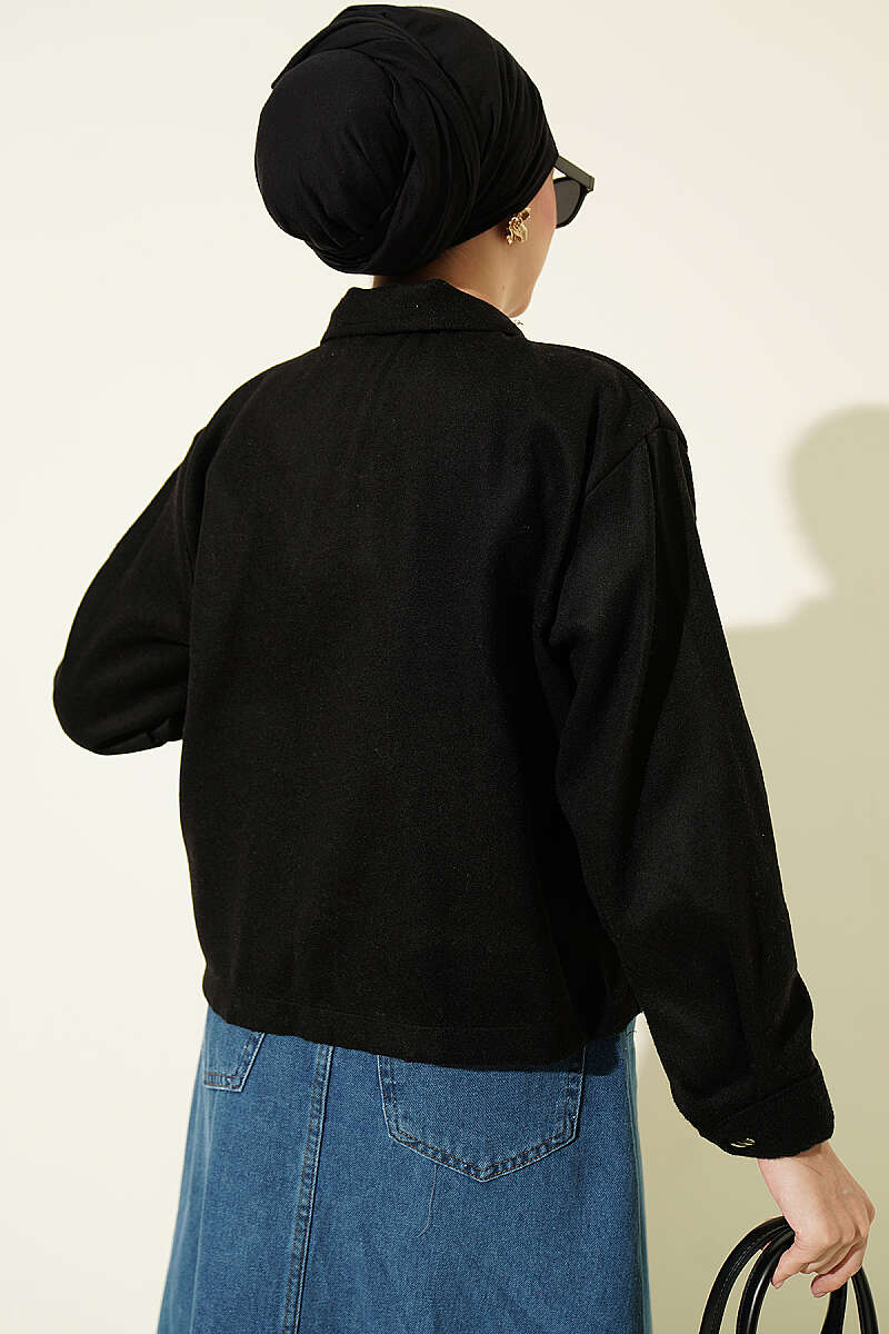 Short Felt Jacket with Button Detail - Black