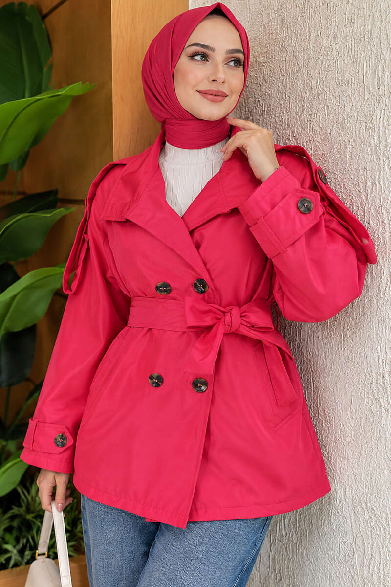 Short Trench Coat with Button Detail - Fuchsia