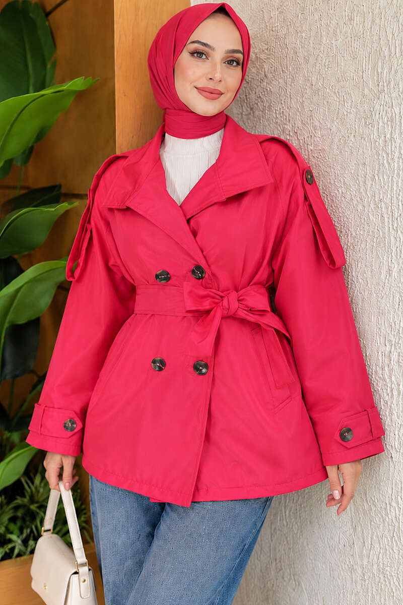 Short Trench Coat with Button Detail - Fuchsia