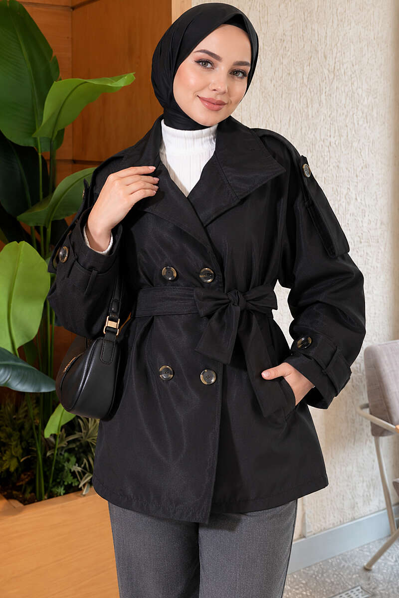 Short Trench Coat with Button Detail - Black