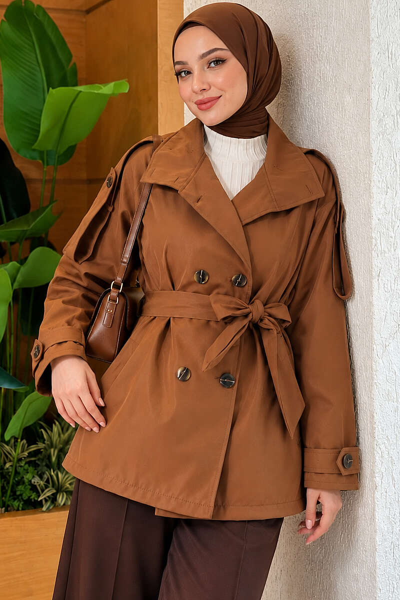 Short Trench Coat with Button Detail - Tan