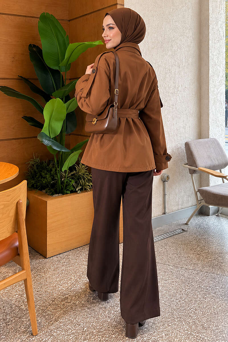 Short Trench Coat with Button Detail - Tan