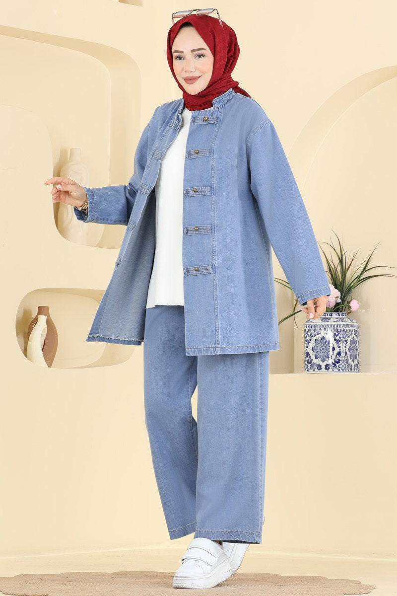 Denim Set with Button Detail - Light Denim