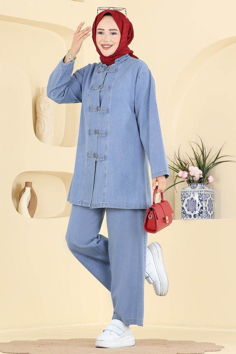 Denim Set with Button Detail - Light Denim