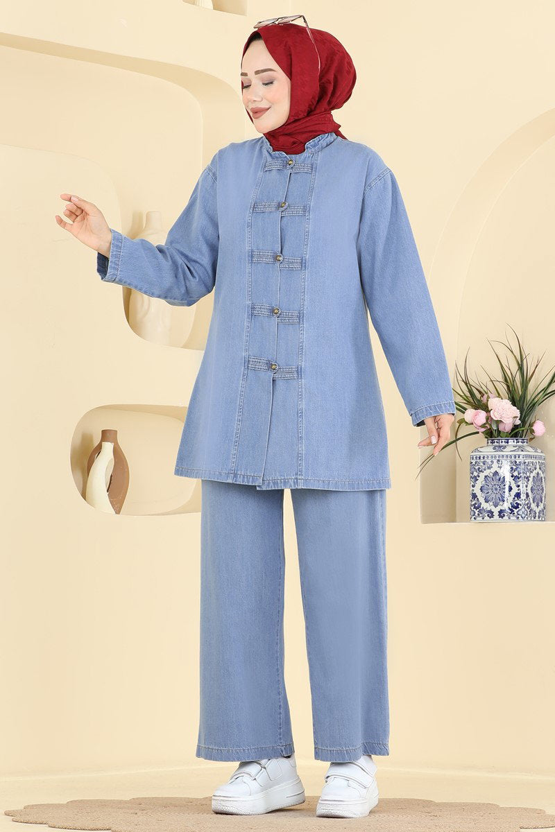 Denim Set with Button Detail - Light Denim