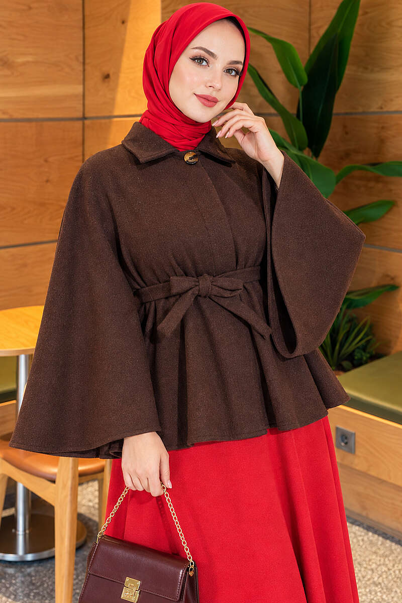 Belted Poncho with Button Detail - Brown