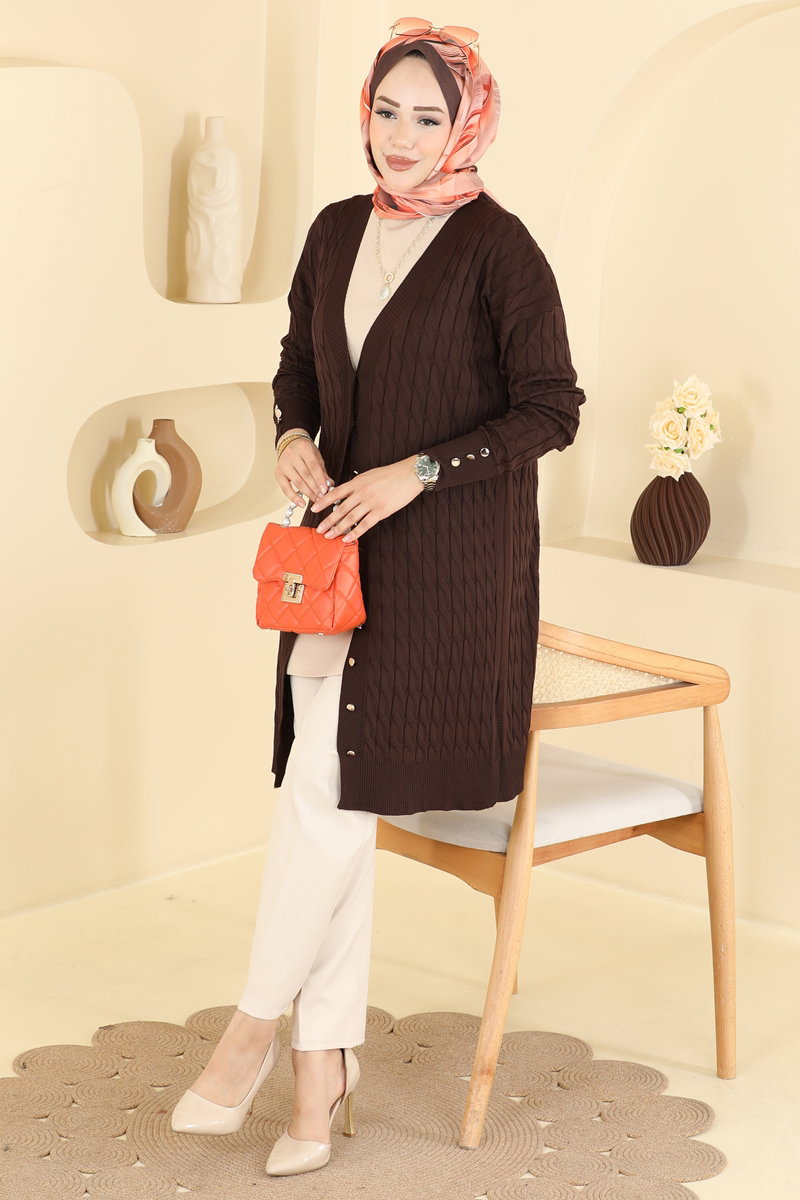 Button-Detail Mercerised Cardigan - Dark Brown