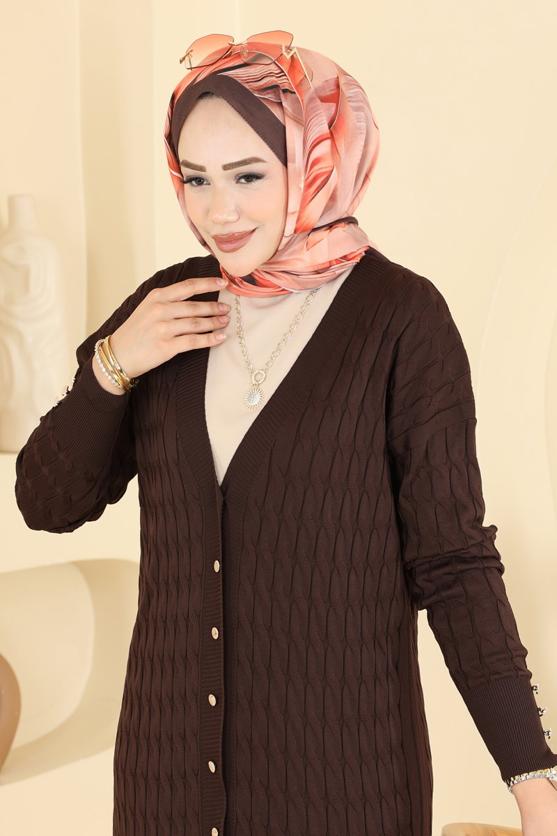 Button-Detail Mercerised Cardigan - Dark Brown