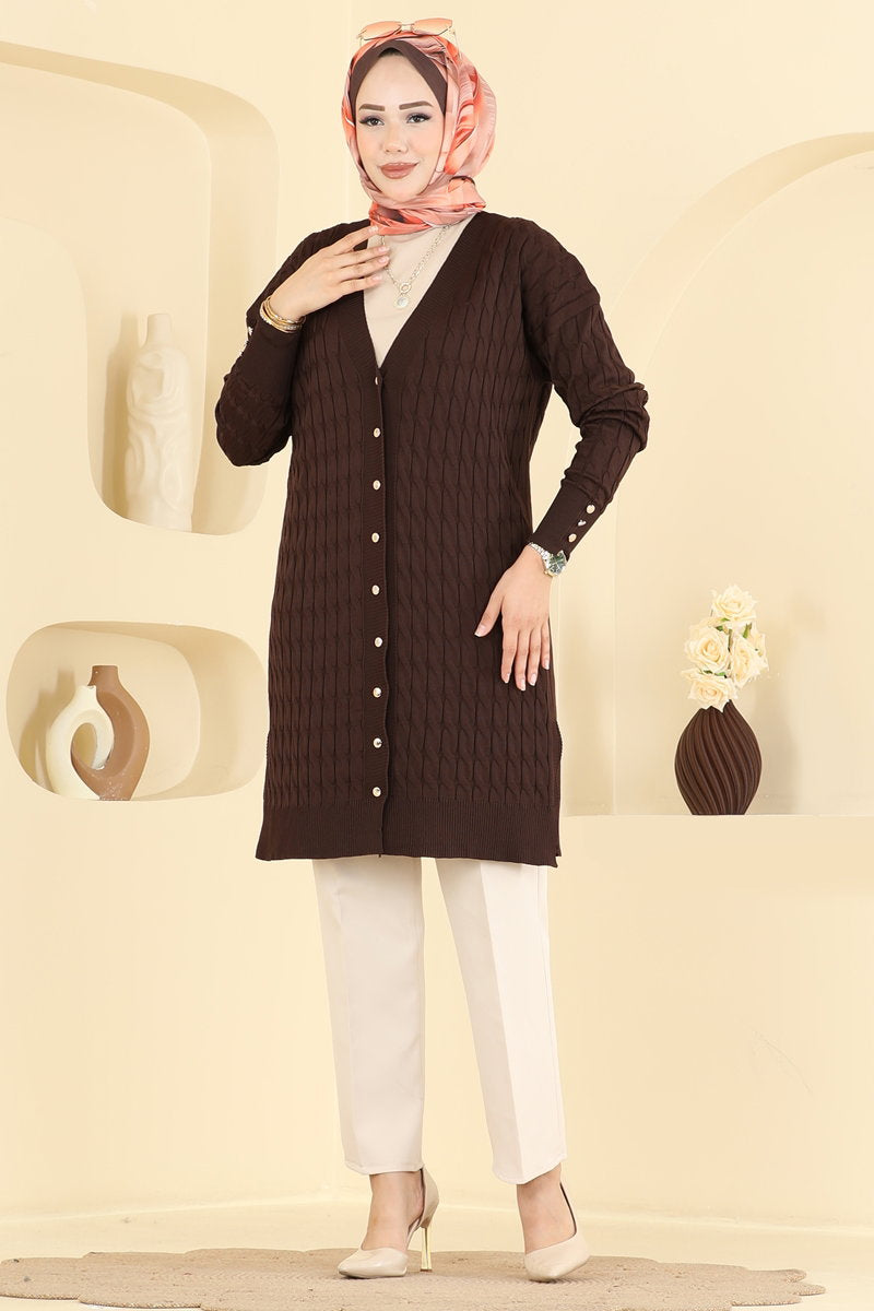 Button-Detail Mercerised Cardigan - Dark Brown