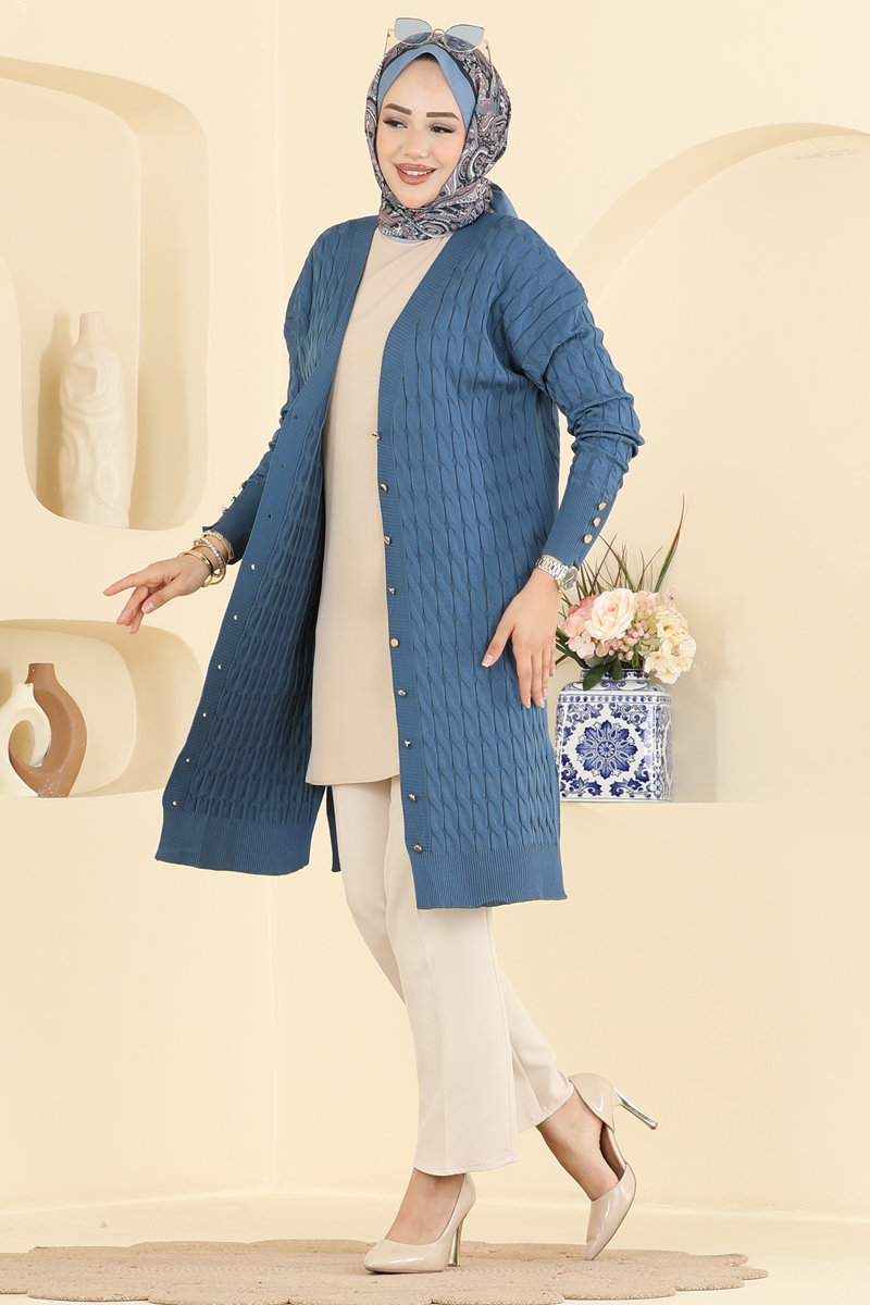 Button-Detail Mercerised Cardigan - Indigo