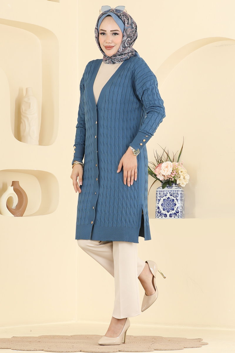 Button-Detail Mercerised Cardigan - Indigo