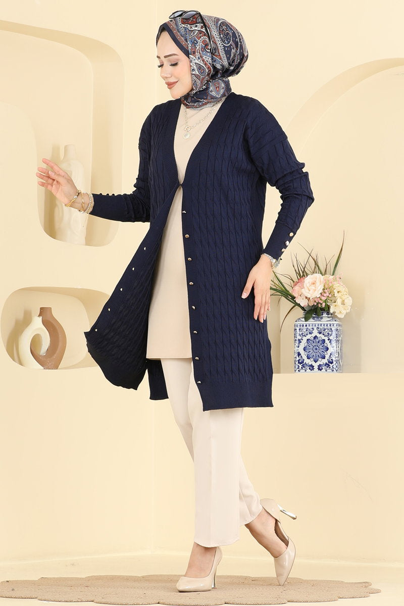 Button-Detail Mercerised Cardigan - Navy