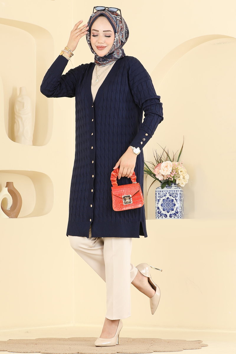 Button-Detail Mercerised Cardigan - Navy