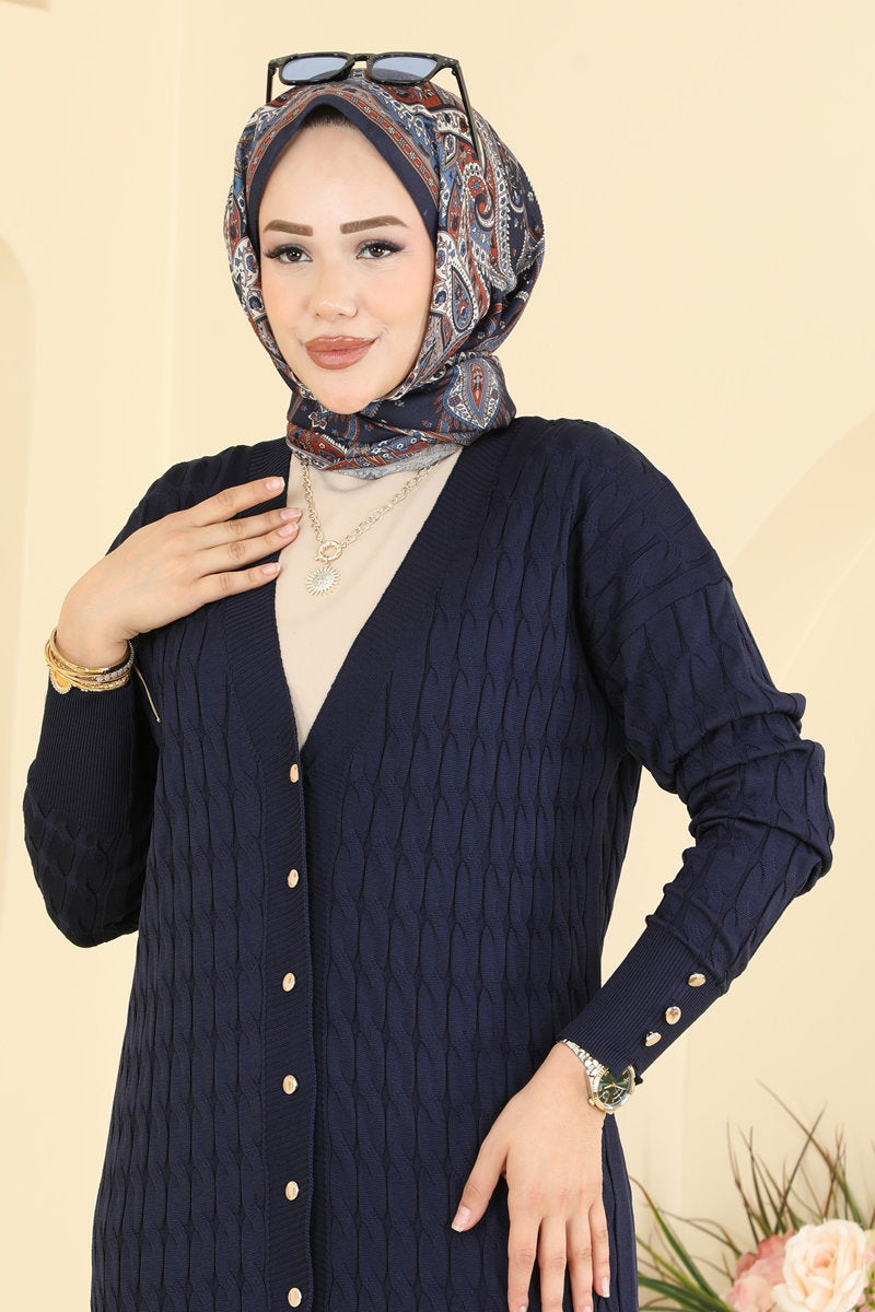 Button-Detail Mercerised Cardigan - Navy