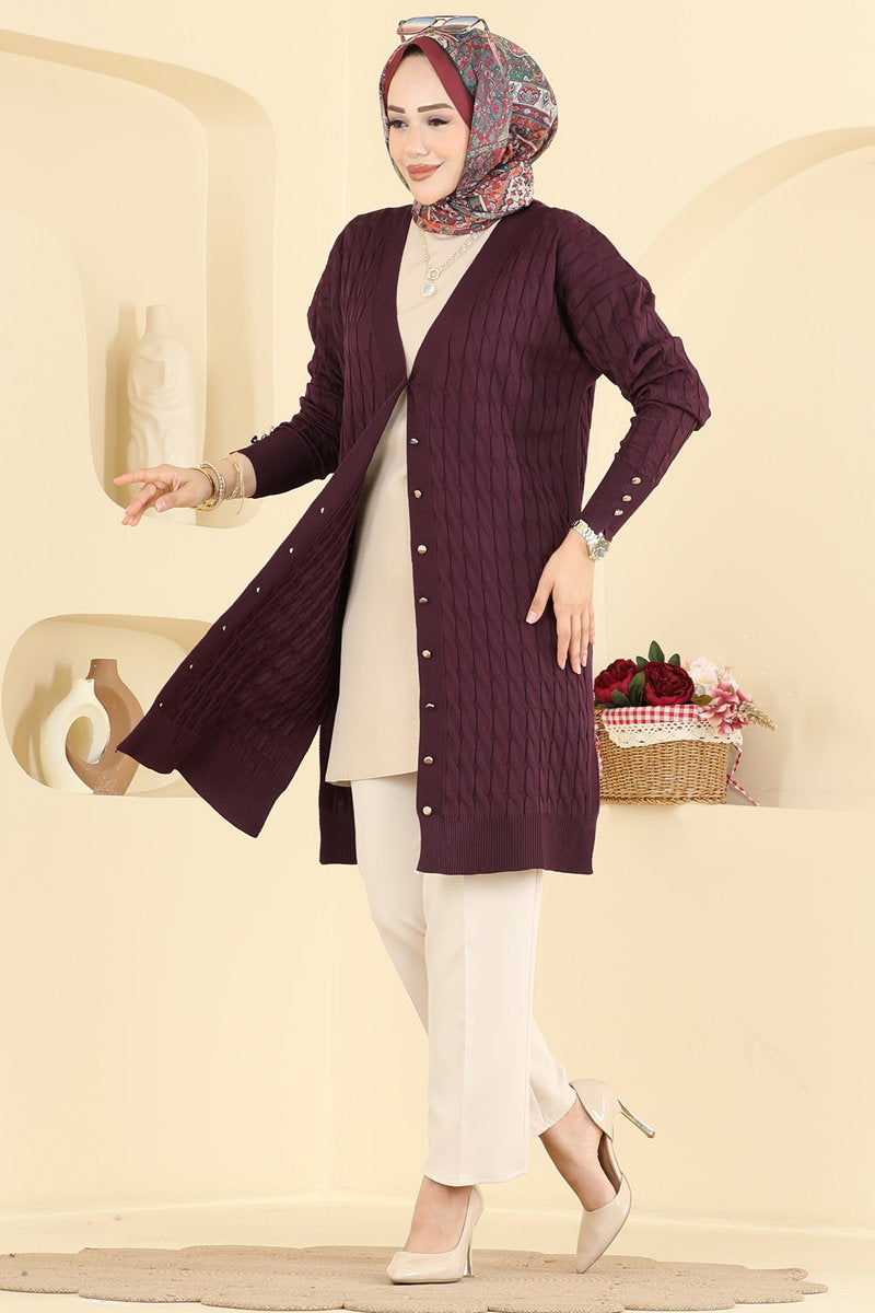 Button-Detail Mercerised Cardigan - Plum