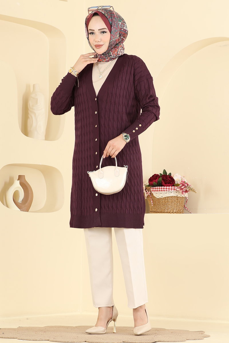Button-Detail Mercerised Cardigan - Plum
